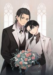 Rule 34 | 2boys, black hair, black necktie, black pants, black shirt, black vest, blue eyes, bouquet, buttons, chinese commentary, church, closed mouth, coat, coat on shoulders, collared shirt, eren yeager, eyokiki, flower, formal, hair behind ear, hair between eyes, hair slicked back, height difference, highres, holding, holding bouquet, implied yaoi, indoors, levi (shingeki no kyojin), long hair, long sleeves, male focus, multiple boys, necktie, official alternate hairstyle, open clothes, open coat, pants, parted bangs, shingeki no kyojin, shirt, short hair, suit, vest, white coat, white necktie, white pants, white shirt, white vest, yellow eyes