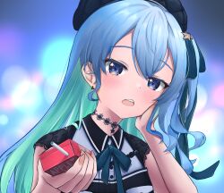 Rule 34 | 1girl, aqua hair, asymmetrical hair, beret, blue background, blue eyes, blue hair, blue ribbon, blurry, blurry background, blush, choker, commentary request, earrings, eyelashes, hair ornament, hair ribbon, hands up, hat, head rest, head tilt, highres, holding, hololive, hoshimachi suisei, hoshimachi suisei (streetwear), jewelry, juice box, lace-trimmed sleeves, lace trim, looking at viewer, nail polish, neck ribbon, off shoulder, open mouth, panzer87631631, partial commentary, ribbon, shadow, short sleeves, side ponytail, sidelocks, solo, star (symbol), star in eye, symbol in eye, teeth, upper body, upper teeth only, virtual youtuber