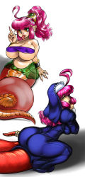 Rule 34 | 1990s (style), 2girls, ahoge, ass, bracer, breasts, chrono (series), chrono trigger, colored sclera, covered erect nipples, earrings, elazuls-core, fang, fingernails, forked tongue, green eyes, habit, hoop earrings, huge breasts, huge nipples, jewelry, lamia, long fingernails, long hair, long tongue, mianne, monster girl, multicolored eyes, multiple girls, naga (chrono trigger), nail polish, navel, nun, own hands together, pink eyes, pink hair, pointy ears, ponytail, praying, retro artstyle, ring, snake tail, strapless, tail, tail ornament, tail ring, tongue, tongue out, tube top, yellow sclera