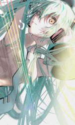 Rule 34 | aqua eyes, aqua hair, aqua necktie, arm up, detached sleeves, hand on headset, hatsune miku, headset, highres, light, long hair, looking at viewer, music, musical note, necktie, open mouth, shirt, simple background, smile, solo, standing, sushineko8, twintails, upper body, vocaloid, white background, white shirt