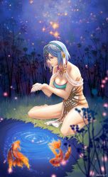Rule 34 | 1girl, aken, bare shoulders, barefoot, blue hair, breasts, brown eyes, bug, cleavage, firefly, fish, goldfish, hair between eyes, hairband, highres, bug, jewelry, large breasts, lips, necklace, original, parted lips, pond, short hair, sitting, sky, star (sky), starry sky, twitter username, wariza