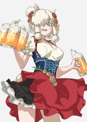Rule 34 | 1girl, :d, alcohol, alpaca ears, alpaca girl, alpaca suri (kemono friends), animal ears, bare arms, beer, beer mug, blue eyes, bodice, breasts, commentary, cowboy shot, cup, dirndl, extra ears, flower, german clothes, hair bun, hair flower, hair ornament, hair over one eye, highres, holding, holding cup, horizontal pupils, jewelry, kemono friends, kemono friends 3, large breasts, long bangs, mug, official alternate costume, one eye covered, open mouth, pendant, puffy short sleeves, puffy sleeves, red skirt, short hair, short sleeves, simple background, single hair bun, skirt, smile, solo, tanabe (fueisei), teeth, underbust, upper teeth only, white background, white hair