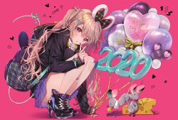 Rule 34 | 1girl, 2020, animal, animal ears, backpack, bag, balloon, bandaid, bandaid on knee, bandaid on leg, black footwear, black jacket, boots, bow, bowtie, breasts, brown hair, cheese, chinese zodiac, collared shirt, commentary, fake animal ears, food, full body, hair between eyes, hair bow, hair ornament, hairclip, happy new year, heart, heart balloon, high heel boots, high heels, highres, holding, holding balloon, hood, hood down, hooded jacket, jacket, kurokuma (kuro kumagaya), long hair, long sleeves, looking at viewer, medium breasts, mouse (animal), mouse ears, nail art, nail polish, new year, original, parted lips, pink background, plaid, pleated skirt, purple skirt, red bow, red bowtie, red eyes, shadow, shirt, skirt, sleeves past wrists, solo, squatting, twintails, v, very long hair, white shirt, year of the rat