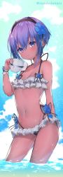 Rule 34 | 1girl, arm behind back, bikini, blue sky, blush, breasts, cleavage, cloud, contrapposto, cowboy shot, dark-skinned female, dark skin, day, fate/grand order, fate (series), flower, frilled bikini, frills, hair between eyes, hair flower, hair ornament, hairband, halterneck, hassan of serenity (fate), holding, holding mask, looking at viewer, mask, unworn mask, navel, ocean, outdoors, purple eyes, purple hair, short hair, skull mask, sky, small breasts, smile, solo, standing, stomach, suzuho hotaru, swimsuit, twitter username, wading, water, wet