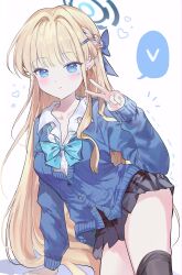 Rule 34 | 0202ase, 1girl, absurdres, black skirt, black thighhighs, blonde hair, blue archive, blue bow, blue bowtie, blue cardigan, blue eyes, blush, bow, bowtie, braid, cardigan, collared shirt, heart, highres, long hair, long sleeves, looking at viewer, multicolored hair, parted lips, pleated skirt, shirt, simple background, skirt, solo, spoken heart, streaked hair, thighhighs, toki (blue archive), v, white background, white shirt