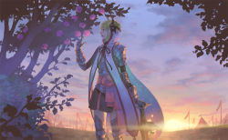 Rule 34 | armor, bad id, bad pixiv id, banner, blonde hair, cape, cloud, flag, flower, forest, hiko (scape), horns, knight, nature, rose, sky, solo, sun, tent, tree, yoshizawa hikoto