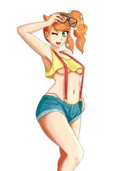 Rule 34 | 1girl, aikun2012, breasts, cosplay, creatures (company), denim, denim shorts, female focus, game freak, glasses, green eyes, heart, highres, misty (pokemon), misty (pokemon) (cosplay), navel, nintendo, one eye closed, open mouth, orange hair, pokemon, pokemon (anime), pokemon (classic anime), pokemon swsh, ponytail, red hair, short shorts, shorts, solo, sonia (pokemon), suspenders, tagme, tank top, underboob