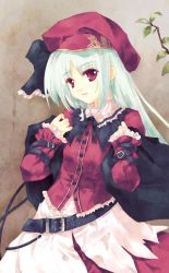 Rule 34 | belt, belt buckle, beret, bow, branch, buckle, dress, frills, hat, long hair, original, red eyes, ribbon, simple background, solo, tokiame, white hair