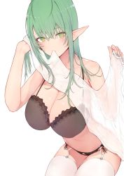 Rule 34 | 1girl, absurdres, bare shoulders, blush, breasts, cleavage, closed mouth, collarbone, cowboy shot, crossed bangs, elf, garter belt, garter straps, grain, green eyes, green hair, hair between eyes, hands up, highres, holding, large breasts, long hair, looking at viewer, midriff, mouth hold, nail polish, navel, original, pointy ears, simple background, sleeveless, solo, thighhighs, transparent background, white background, white thighhighs