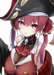 Rule 34 | 1girl, absurdres, ascot, bare shoulders, bicorne, black collar, black hat, black jacket, breasts, brooch, cleavage, collar, cropped jacket, daiiichukiii, frilled collar, frills, hat, highres, hololive, houshou marine, jacket, jewelry, large breasts, long hair, long sleeves, off shoulder, parted lips, pirate hat, red ascot, red eyes, red hair, red jacket, see-through, see-through cleavage, simple background, sleeveless, sleeveless jacket, solo, twintails, virtual youtuber, white background, yellow eyes