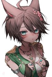 Rule 34 | 1girl, :o, absurdres, ahoge, animal ears, armlet, blush, breasts, brown hair, cat ears, clenched hands, final fantasy, final fantasy xiv, fingernails, gloves, green eyes, green tunic, highres, jewelry, kcc 9646, looking at viewer, makeup, miqo&#039;te, multiple necklaces, multiple rings, ornate ring, partially fingerless gloves, ring, short hair, shoulder pads, shy, simple background, small breasts, solo, tank top, upper body, warrior of light (ff14), white tank top