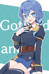 Rule 34 | 1girl, bad id, bad pixiv id, belt, black jacket, black necktie, black thighhighs, blue eyes, blue hair, blue skirt, brown belt, character name, commentary, dress shirt, gloves, gotland (kancolle), gotland andra (kancolle), green background, hand on own chest, highres, invisible chair, jacket, kantai collection, long hair, looking at viewer, miniskirt, mole, mole under eye, nanashiba (banntlla), necktie, open mouth, outline, pencil skirt, shirt, side slit, sidelocks, single horizontal stripe, sitting, skirt, smile, solo, text background, thighhighs, white gloves, white outline, white shirt, wing collar