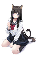 Rule 34 | 1girl, absurdres, animal ears, between legs, black hair, black skirt, black socks, cat ears, cat girl, cat tail, closed mouth, collarbone, commentary, commission, constricted pupils, curled fingers, dot nose, full body, hand between legs, hand up, highres, long hair, long sleeves, looking at viewer, original, purple eyes, school uniform, seiza, serafuku, simple background, sitting, skirt, socks, solo, spider apple, spread legs, tail, very long hair, white background
