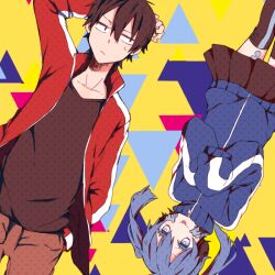 Rule 34 | 1boy, 1girl, :/, black eyes, black hair, black shirt, black skirt, black thighhighs, blue eyes, blue hair, blue jacket, brown pants, closed mouth, collarbone, colored eyelashes, ene (kagerou project), hair between eyes, hand in pocket, hand on own head, jacket, kagerou project, kisaragi shintarou, long sleeves, looking at another, mekakucity actors, moso4, multicolored background, open clothes, open jacket, pants, pleated skirt, red jacket, rotational symmetry, shirt, short hair, skirt, sleeves past fingers, sleeves past wrists, t-shirt, thighhighs, tongue, tongue out, track jacket, triangle, twintails, two-tone thighhighs, upside-down, very long sleeves, wide-eyed, yellow background, zipper