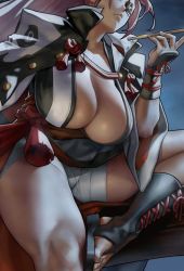 Rule 34 | 1girl, amputee, arc system works, arm guards, baiken, black footwear, black kimono, breasts, cleavage, eu03, fundoshi, guilty gear, guilty gear xrd, head out of frame, huge breasts, japanese clothes, kataginu, kimono, multicolored clothes, multicolored kimono, no bra, obi, open clothes, open kimono, pink hair, revision, sagging breasts, samurai, sandals, sash, sitting, smoking pipe, solo, thighs, unfinished, white kimono