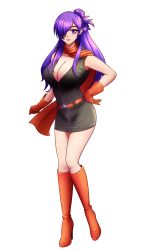 Rule 34 | 1girl, absurdres, belt, breasts, cleavage, fire emblem, fire emblem: three houses, fire emblem warriors, fire emblem warriors: three hopes, gloves, hair bun, hair over one eye, hand on own hip, highres, large breasts, long hair, miniskirt, nintendo, one eye covered, purple eyes, purple hair, race queen, red belt, red footwear, red gloves, red scarf, scarf, shez (female) (fire emblem), shez (fire emblem), single hair bun, skirt, thighs, white background, willanator93