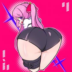 Rule 34 | 1girl, 5419pioli0409, absurdres, ass, bending, collared shirt, cropped legs, dress shirt, goddess of victory: nikke, hair ribbon, highres, huge ass, long hair, long sleeves, looking at viewer, looking back, multiple views, necktie, open mouth, pink hair, ribbon, shirt, shirt tucked in, simple background, yuni (nikke)