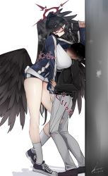 Rule 34 | 1boy, 1girl, ^^^, against wall, black hair, black wings, blue archive, blush, breasts, eye contact, faceless, faceless male, facing another, feathered wings, formal, full body, gym shorts, gym uniform, halo, handjob, handjob over clothes, hasumi (blue archive), hasumi (track) (blue archive), height difference, hetero, highres, huge breasts, kabedon, looking at another, partially unzipped, ponytail, profile, red hair, rib:y(uhki), sensei (blue archive), shoes, short shorts, shorts, signature, simple background, sneakers, socks, steam, sweatdrop, tall female, tall female short male, taller female, twitter username, white background, white socks, wings