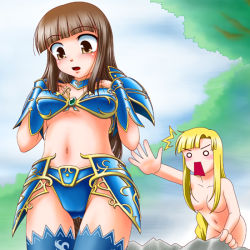Rule 34 | 2girls, arm guards, armor, armorkini, bikini, bikini armor, blonde hair, blunt bangs, blush, breasts, brown eyes, brown hair, censored, clothes theft, convenient censoring, faulds, hair censor, hair over breasts, long hair, multiple girls, nude, onsen, outdoors, outstretched arm, pauldrons, plant, shoulder armor, swimsuit, theft, thighhighs, tree, vambraces, water, yami no kohaku