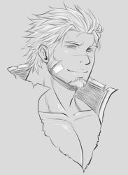Rule 34 | 1boy, bandaid, bandaid on cheek, bandaid on face, bara, commentary request, cropped shoulders, facial hair, goatee, greyscale, highres, jacob (housamo), long sideburns, looking at viewer, male focus, mature male, monochrome, muscular, muscular male, pectoral cleavage, pectorals, porkjinta, scar, scar on face, scar on nose, short hair, sideburns, smile, solo, tokyo houkago summoners