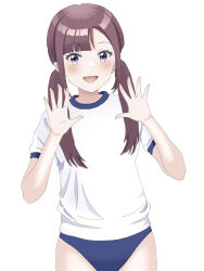 Rule 34 | 1girl, artist request, blue buruma, blush, brown hair, buruma, character request, dot nose, gym uniform, highres, low twintails, open mouth, purple eyes, short sleeves, simple background, twintails, white background