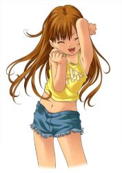 Rule 34 | 1girl, ^ ^, armpits, artist request, bandages, brown hair, camisole, child, closed eyes, cutoffs, dancing, denim, happy, jpeg artifacts, long hair, midriff, navel, open mouth, shirt, shorts, simple background, solo, source request, white background, yellow shirt