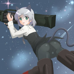 Rule 34 | 1girl, animal ears, ass, black pantyhose, blush, breasts, cat ears, green eyes, highres, looking at viewer, looking back, night, night sky, pantyhose, sanya v. litvyak, short hair, skirt, sky, small breasts, smile, solo, star (sky), star (symbol), starry sky, strike witches, tail, white hair, world witches series