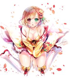 Rule 34 | 10s, 1girl, 2016, bare shoulders, between legs, bikini, bikini top only, blonde hair, blush, boots, breasts, charlotte (shironeko project), chestnut mouth, cleavage, collarbone, cross-laced footwear, dated, eyebrows, floral print, flower, frills, from above, full body, green eyes, hair flower, hair ornament, halterneck, hand between legs, heart, heterochromia, japanese clothes, kimono, lace-up boots, looking at viewer, medium breasts, new year, obi, off shoulder, petals, print kimono, red eyes, sakurano ru, sash, shironeko project, short kimono, signature, sitting, solo, swimsuit, wariza, white background, white footwear