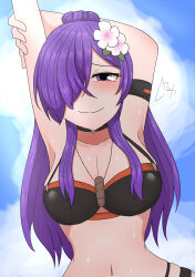Rule 34 | 1girl, amamitsu9, arm behind head, armband, arms up, bikini, black bikini, blue sky, blush, breasts, choker, cleavage, cloud, cloudy sky, collarbone, fire emblem, fire emblem: three houses, fire emblem heroes, fire emblem warriors: three hopes, flower, hair flower, hair ornament, hair over one eye, hand on own arm, highres, jewelry, long hair, medium breasts, navel, necklace, nintendo, official alternate costume, ponytail, purple eyes, purple hair, shez (female) (fire emblem), shez (fire emblem), signature, sky, smile, solo, stomach, sweat, swimsuit, upper body