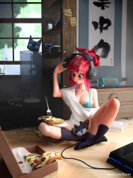 Rule 34 | 1girl, 3d, absurdres, artist name, black cat, black socks, blue bra, blue eyes, bra, breasts, cat, cleavage, clock, commentary, controller, derivative work, drawer, english commentary, flower, food, fork, game console, game controller, hair bun, hair ornament, hairclip, headphones, highres, large breasts, long hair, marissa lyne boehm, md5 mismatch, off-shoulder shirt, off shoulder, open mouth, original, paper towel, partially immersed, pepperoni, pink hair, pizza, resolution mismatch, shelf, shirt, single hair bun, sitting, socks, solo, source larger, underwear, white flower, white shirt, window