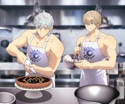 Rule 34 | 2boys, apron, blonde hair, chaldea logo, closed mouth, fate/grand order, fate (series), food, gareth (fate), gawain (fate), green eyes, grey eyes, grey hair, grey pants, hanging light, highres, icing, kitchen, male focus, mixing bowl, multiple boys, muscular, muscular male, pants, pastry bag, pectorals, percival (fate), topless male, short hair, smile, tart (food), whisk, whisking, white apron