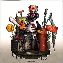 Rule 34 | 1girl, animal ears, artist name, barrel, black thighhighs, border, cat, cat ears, cat tail, chainsaw, dated, drum (container), gas mask, holding, k-suwabe, maid, maid headdress, mask, original, pink hair, red eyes, respirator, ribbon, short hair, sign, skirt, solo, standing, tail, tail ornament, tail ribbon, thighhighs