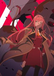 Rule 34 | 10s, 1girl, absurdres, blue eyes, closed mouth, coat, darling in the franxx, highres, horns, jacket, jacket on shoulders, looking to the side, mecha, necktie, orange necktie, pantyhose, pink hair, robot, solo, standing, strelizia, uniform, zero two (darling in the franxx)