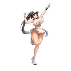 Rule 34 | 1girl, armpit crease, arms up, barcode, bead anklet, black wristband, bodypaint, breasts, brown eyes, brown hair, bursting breasts, full body, game cg, hair ribbon, hat, high-waist skirt, high ponytail, highres, huge breasts, last origin, long hair, looking at viewer, mel (dodosae), microskirt, official alternate costume, official art, one eye closed, open mouth, panda ornament, panties, pleated skirt, ribbon, shirt, shoes, side-tie panties, simple background, skirt, smile, sneakers, solo, sportswear, standing, standing on one leg, string panties, sweat, sweatband, tachi-e, tennis uniform, thick thighs, thighs, third-party source, tiequan (last origin), transparent background, underwear, v, very long hair, visor cap, wardrobe malfunction, white footwear, white hat, white panties, white ribbon, white shirt, white skirt, white wristband, zipper