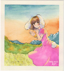 Rule 34 | 1girl, animal ears, autumn, brown eyes, brown hair, carrot necklace, closed mouth, dated, dress, frilled sleeves, frills, from side, grass, highres, inaba tewi, jewelry, long dress, looking at viewer, looking to the side, medium hair, mountainous horizon, neck ribbon, necklace, outdoors, painting (medium), pink dress, puffy short sleeves, puffy sleeves, rabbit ears, ribbon, shin1ar24, short sleeves, smile, solo, touhou, traditional media, watercolor (medium), white ribbon