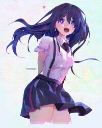 Rule 34 | 1girl, absurdres, arms behind back, black necktie, blue skirt, collared shirt, commentary, cropped legs, earrings, frilled sleeves, frills, hair between eyes, heart, highres, hoshino ai (oshi no ko), jewelry, khxv3747, long hair, multicolored hair, necktie, open mouth, oshi no ko, pleated skirt, purple eyes, purple hair, shirt, short sleeves, skirt, smile, solo, star-shaped pupils, star (symbol), star earrings, streaked hair, suspender skirt, suspenders, symbol-shaped pupils, white shirt