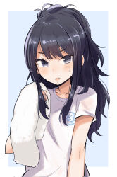 Rule 34 | 1girl, black hair, blue background, blush, breasts, collarbone, gougoku, grid background, hand up, highres, holding, holding towel, idolmaster, idolmaster shiny colors, kazano hiori, long hair, looking at viewer, medium breasts, mole, mole under mouth, open mouth, outside border, ponytail, print shirt, purple eyes, shirt, short sleeves, simple background, solo, sweat, t-shirt, towel, two-tone background, upper body, white background, white shirt