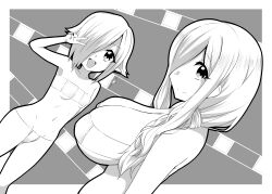 Rule 34 | 2girls, absurdres, bikini, breasts, closed mouth, fangs, greyscale, hair over one eye, highres, jashin-chan dropkick, large breasts, long hair, looking at viewer, monochrome, moyuru pen, multiple girls, navel, open mouth, persephone (jashin-chan dropkick), persephone ii, pointy ears, short hair, simple background, small breasts, smile, swimsuit, v