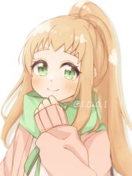 Rule 34 | 1 0n0 1, 1girl, artist name, blonde hair, blush, closed mouth, dot nose, female focus, green eyes, inose mai, koisuru asteroid, looking at viewer, open sweater, pink sweater, ponytail, scarf, smile, solo, standing, sweater