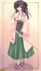 Rule 34 | 1girl, asura fantasy online, black hair, brown eyes, hair ribbon, japanese clothes, kuga tsukasa, long hair, omc, ribbon, solo, sword, weapon