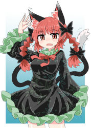 Rule 34 | 1girl, animal ears, arm up, black bow, black dress, black tail, blue background, border, bow, braid, breasts, cat ears, cat tail, chups, dress, extra ears, fang, frilled dress, frilled sleeves, frills, gradient background, hair bow, highres, kaenbyou rin, long sleeves, looking at viewer, medium breasts, medium hair, multiple tails, open mouth, red eyes, red hair, red neckwear, simple background, solo, standing, tail, touhou, twin braids, two tails, white border, wide sleeves