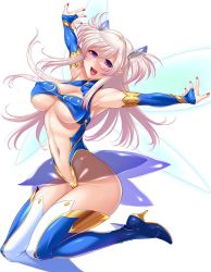 Rule 34 | 00s, 1girl, :d, armpits, arms up, bare shoulders, blue footwear, blue leotard, blue thighhighs, blush, boots, breasts, breasts apart, bridal gauntlets, cleavage, cleavage cutout, clothing cutout, covered erect nipples, curvy, fairy, fairy wings, female focus, fingernails, floating hair, full body, gem, gloves, gradient hair, green gemstone, groin, hair between eyes, hair ornament, halterneck, happy, high heel boots, high heels, highleg, highleg leotard, highres, hip focus, jewelry, large breasts, leg lift, leotard, long hair, looking at viewer, mini person, minigirl, multicolored clothes, multicolored hair, multicolored legwear, nail polish, navel, nipples, no bra, official art, open mouth, outstretched arms, pink hair, pink nails, pointy ears, purple eyes, revealing clothes, see-through, shiny clothes, shiny skin, sidelocks, silver hair, simple background, smile, solo, spread arms, taimanin (series), taimanin asagi, taimanin asagi kessen arena, taut clothes, thigh boots, thighhighs, thighs, till (taimanin asagi), turtleneck, two side up, underboob, white background, white thighhighs, wings, zol
