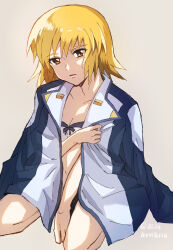 Rule 34 | 1girl, between legs, blonde hair, bra, breasts, brown eyes, cagalli yula athha, cleavage, collarbone, grey background, gundam, gundam seed, hair between eyes, hand between legs, highres, jacket, looking at viewer, medium hair, navel, open clothes, open jacket, open mouth, simple background, sketch, small breasts, solo, straight hair, tomatoma (tomatomato), underwear, white bra