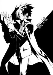 Rule 34 | 1boy, black hair, cape, formal, gloves, greyscale, izen sora, male focus, mechanical parts, monochrome, multicolored hair, nameless, nameless (kof), necktie, scar, snk, solo, suit, the king of fighters, the king of fighters 2002, white hair, yiran kong xian