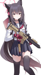 Rule 34 | 1girl, animal ears, assault rifle, black hair, black sailor collar, black skirt, black thighhighs, blue archive, breast pocket, closed mouth, ear protection, feet out of frame, fox ears, gloves, gun, h&amp;k hk416, hair between eyes, halo, highres, holding, holding gun, holding weapon, long hair, looking at viewer, neckerchief, nekoln, pocket, red eyes, red gloves, red neckerchief, rifle, sailor collar, school uniform, serafuku, shirt tucked in, simple background, skirt, solo, thighhighs, throat microphone, trigger discipline, very long hair, weapon, white background, white serafuku, yukino (blue archive), zettai ryouiki