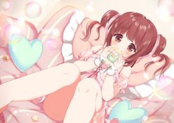 Rule 34 | 1girl, ame usari, bad id, bad pixiv id, blush, brown eyes, brown hair, bubble, couch, cream puff, detached sleeves, dress, dutch angle, eating, food, hair ribbon, heart, highres, idolmaster, idolmaster cinderella girls, indoors, knees together feet apart, knees up, looking at viewer, off-shoulder dress, off shoulder, ogata chieri, on couch, pillow, pink dress, ribbon, short hair, short sleeves, sitting, smile, solo, sparkle, two side up, wrist cuffs