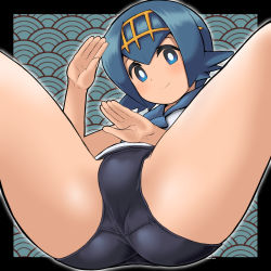 Rule 34 | 1girl, ass, ass focus, blue eyes, blue hair, blue sailor collar, creatures (company), crotch, freckles, from below, game freak, highres, lana (pokemon), m.m, nintendo, one-piece swimsuit, pokemon, pokemon sm, sailor collar, school swimsuit, short hair, spread legs, swimsuit, swimsuit under clothes, thighs, trial captain
