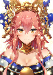 Rule 34 | 1girl, absurdres, animal ear fluff, animal ears, bare shoulders, bell, blue bow, blush, bow, breasts, brown eyes, cat ears, cleavage, closed mouth, collarbone, commentary request, detached collar, dress, fate/grand order, fate (series), flower, glint, glowing, hair between eyes, hair bow, hair ornament, has bad revision, has downscaled revision, highres, ice (ice aptx), long hair, looking at viewer, md5 mismatch, medium breasts, off-shoulder dress, off shoulder, official alternate costume, pink hair, resolution mismatch, sidelocks, smile, solo, source smaller, tamamo (fate), tamamo no mae (fate/extra), tamamo no mae (third ascension) (fate), upper body