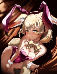 Rule 34 | 1girl, absurdres, almondrake, animal ear fluff, animal ears, blush, bow, bowtie, detached collar, fake animal ears, fennec (kemono friends), fox ears, fox girl, fox tail, hair between eyes, highres, kemono friends, leotard, looking at viewer, medium hair, playboy bunny, rabbit ears, solo, strapless, strapless leotard, tail, wavy mouth, wrist cuffs