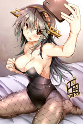Rule 34 | 1girl, :o, absurdres, alternate costume, arm up, bad id, bad pixiv id, bare arms, bare shoulders, bed sheet, black hair, blush, breasts, brown eyes, brown pantyhose, camera phone, cellphone, cleavage, collarbone, gradient hair, green hair, hair between eyes, hair ornament, hairclip, haruna (kancolle), headgear, highres, holding, holding phone, kantai collection, large breasts, leotard, long hair, looking at viewer, multicolored hair, no shoes, on bed, open mouth, pantyhose, phone, playboy bunny, print pantyhose, shiny clothes, shiny skin, shiryuu, sitting, smartphone, solo, strapless, strapless leotard, sweat, taking picture, wariza, wrist cuffs